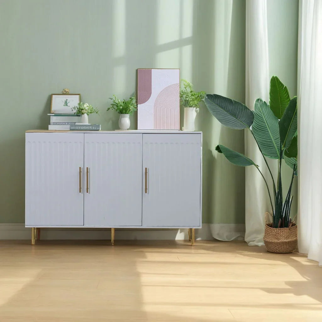 3 Door Large Storage Sideboard With Handles For Kitchen, Dining Room And Living Room, Accent Buffet Cabinet, Coffee Bar Sideboard Cabinet With 3 Doors - White / Gold - Furniture Home Direct