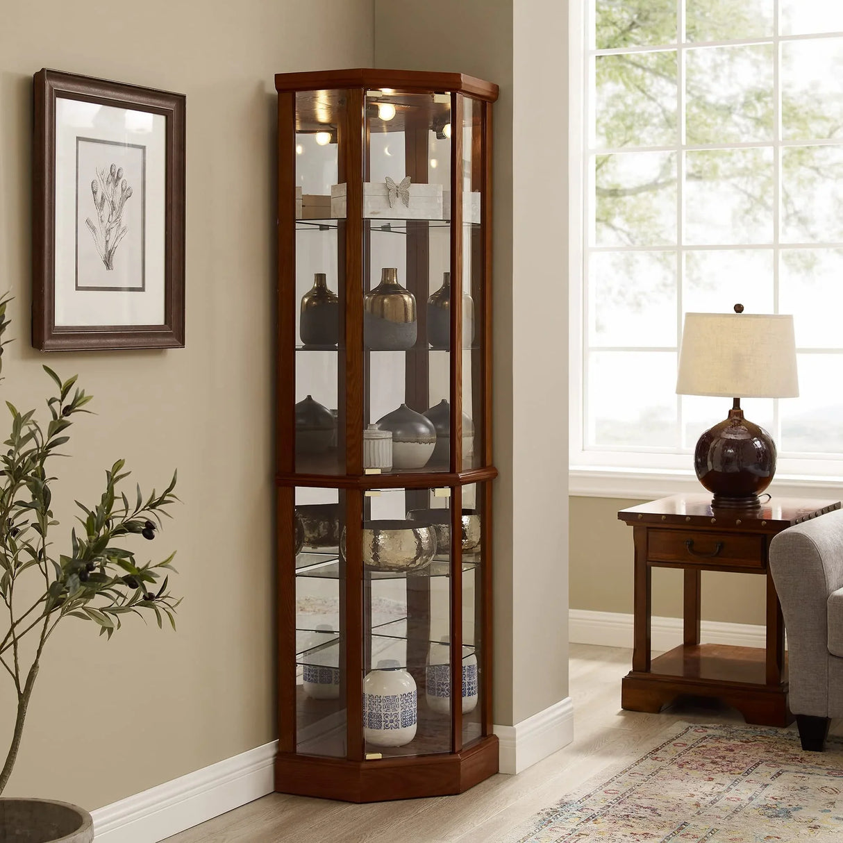 6 Shelf Lighted Corner Curio Cabinet With Adjustable Tempered Glass Shelves And Mirror Back (E26 Light Bulb Not Included) - Furniture Home Direct