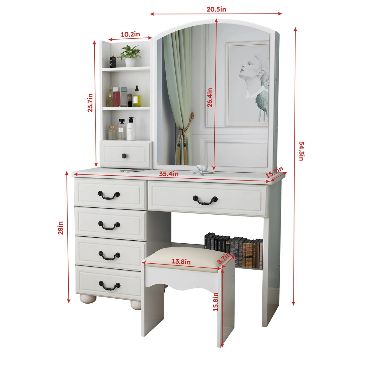 Fashion Vanity Desk With Mirror And Adjustable Lighting, 6 Drawers, 3 Color Light Modes - White - Furniture Home Direct