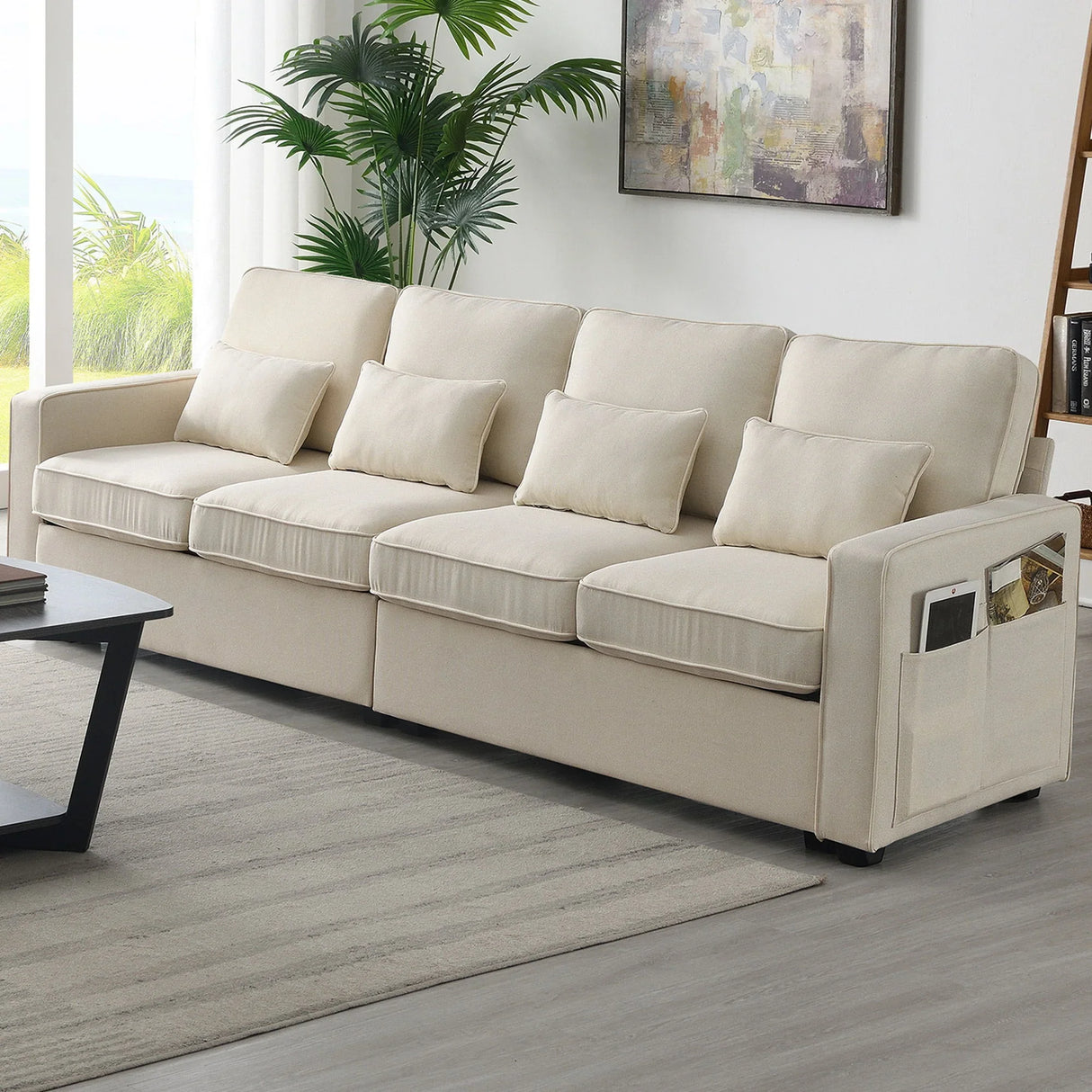 4 Seater Modern Linen Sofa With Armrest Pockets And 4 Pillows, Minimalist Style Couch For Living Room - Furniture Home Direct