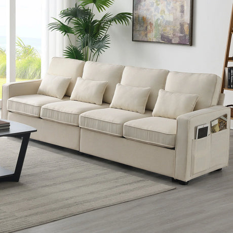 4 Seater Modern Linen Sofa With Armrest Pockets And 4 Pillows, Minimalist Style Couch For Living Room - Furniture Home Direct