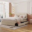 Upholstered Platform Bed With 2 Drawers And 2 Sets Of USB Ports On Each Side, Linen Fabric - Furniture Home Direct