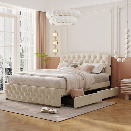 Upholstered Platform Bed With 2 Drawers And 2 Sets Of USB Ports On Each Side, Linen Fabric - Furniture Home Direct