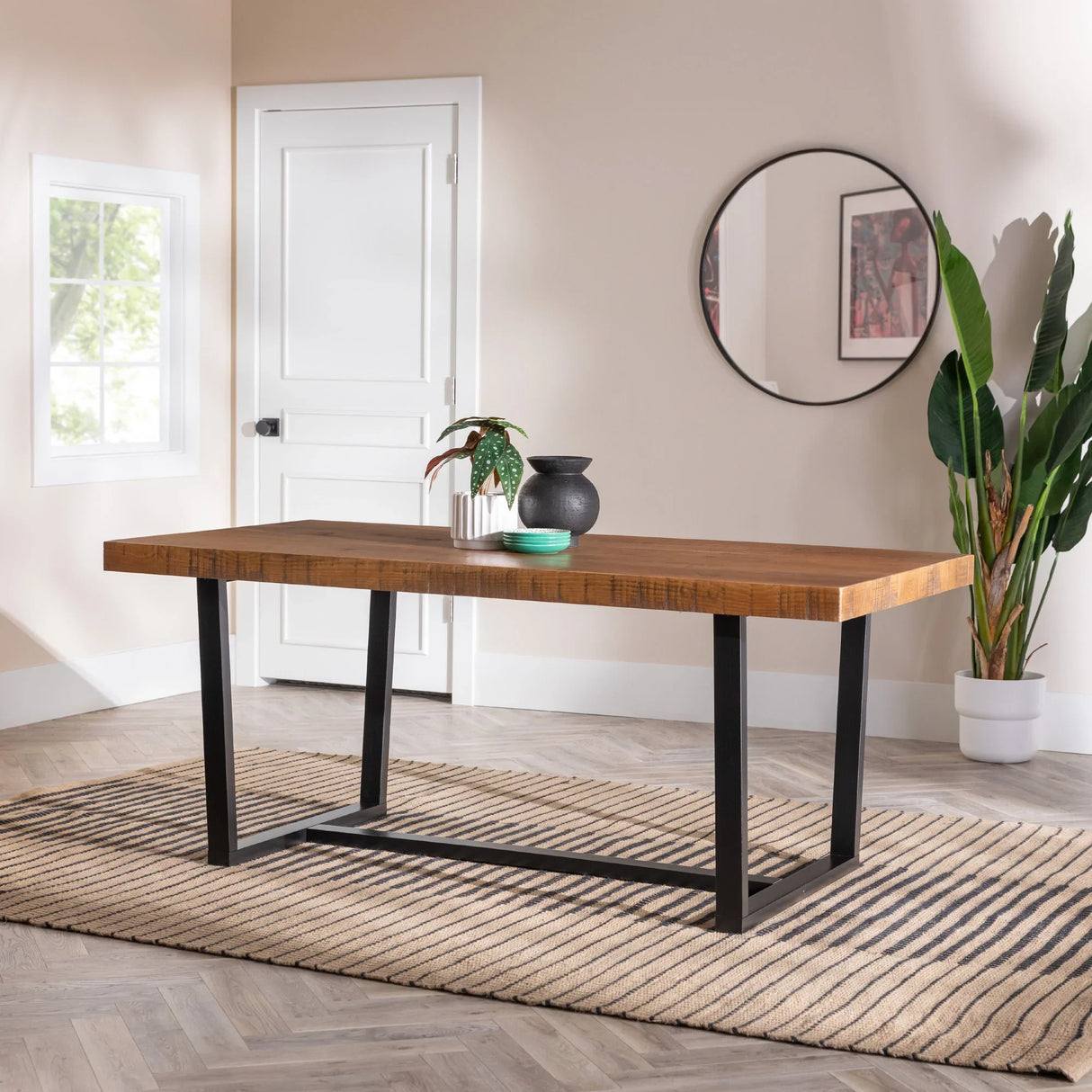 Modern Distressed Solid Wood And Metal Open Frame Dining Table - Furniture Home Direct