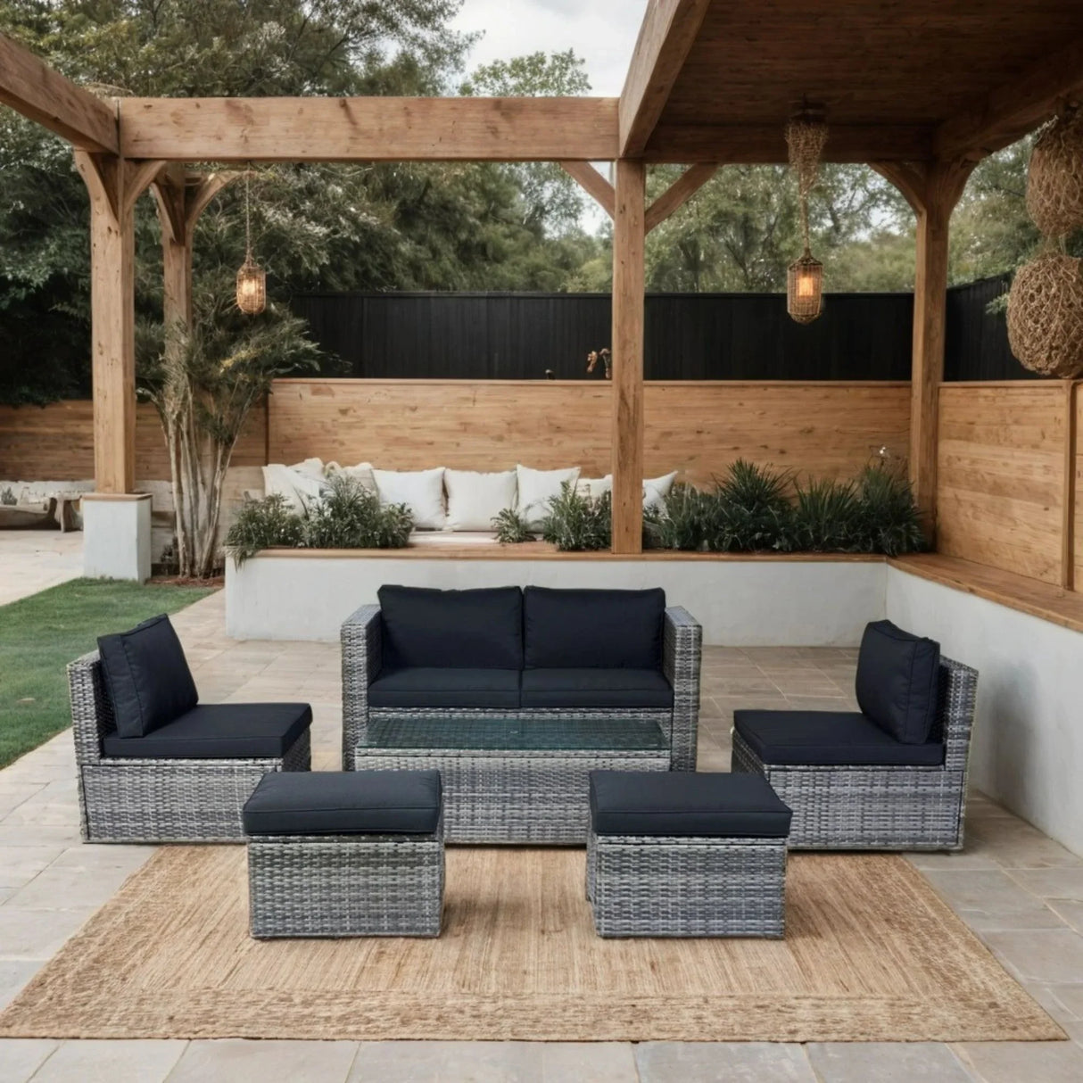 6 Piece Patio Wicker Sectional Set Patio Backyard Conversation Set Space Saving - Gray / Black - Furniture Home Direct