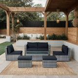 6 Piece Patio Wicker Sectional Set Patio Backyard Conversation Set Space Saving - Gray / Black - Furniture Home Direct