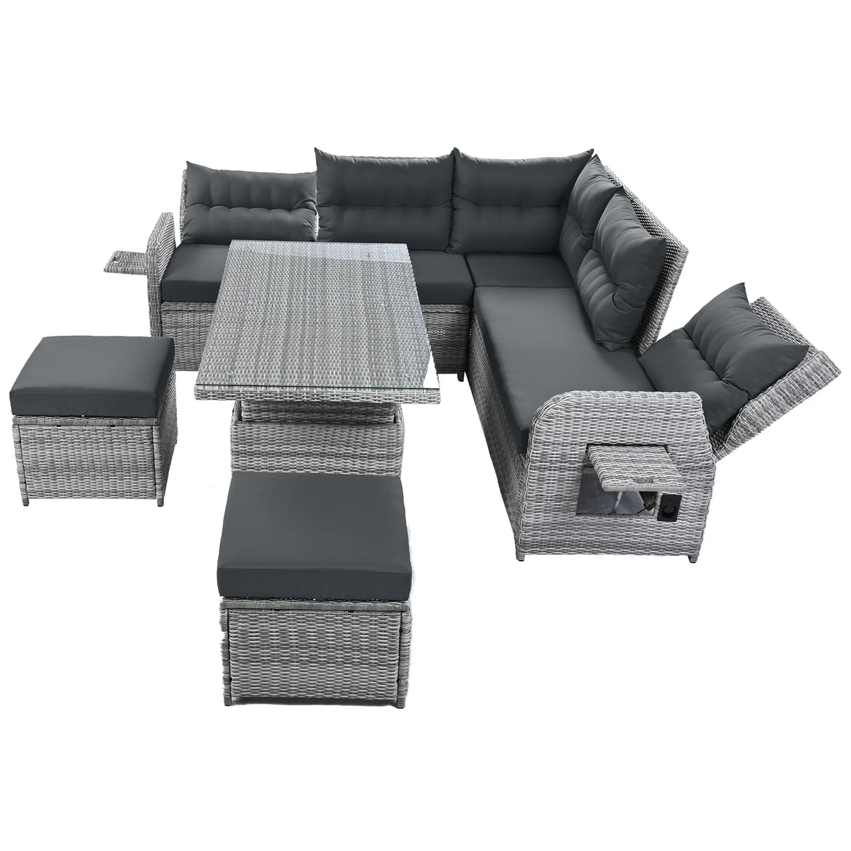 6 Piece Patio Set With An Adjustable Table, Recliners With Extendable Side Tables, And 2 Ottomans - Gray - Furniture Home Direct