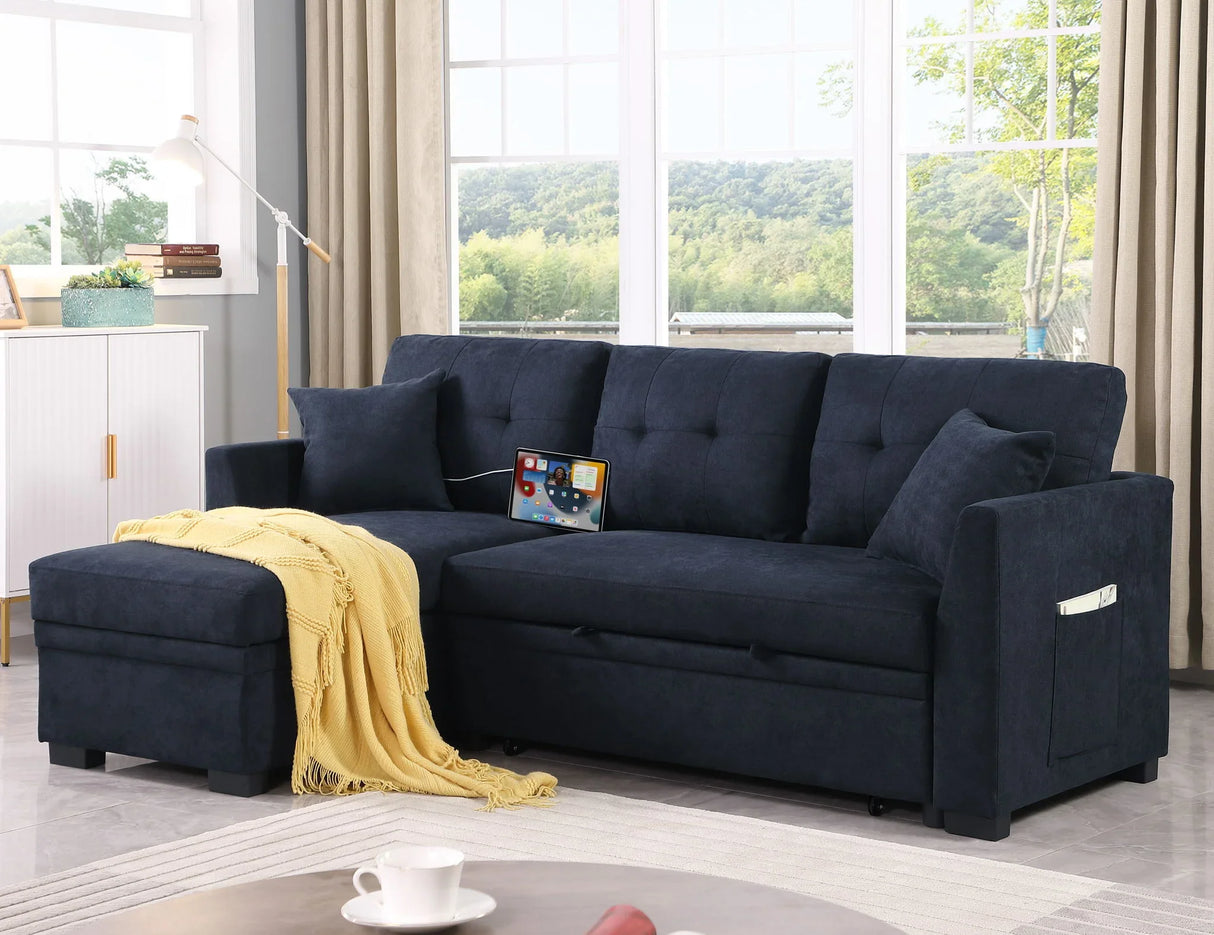 Sectional Sofa Bed L Shaped Sofa Couch Bed With USB Port, Reversible Chaise With Storage - Furniture Home Direct