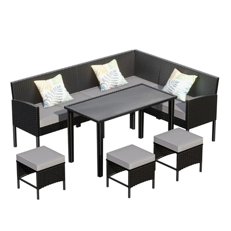 7 Piece Outdoor Furniture Set Waterproof Cushions Glass Table - Furniture Home Direct