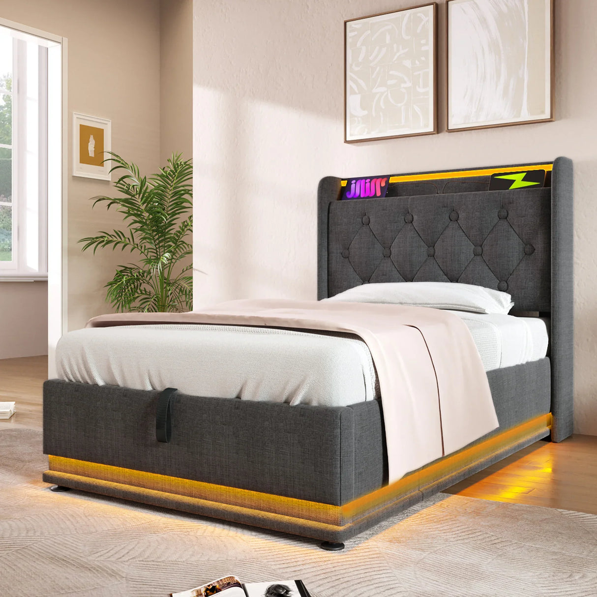 Twin Upholstered Bed 360 Surround LED Lighting USB C Gray - Furniture Home Direct