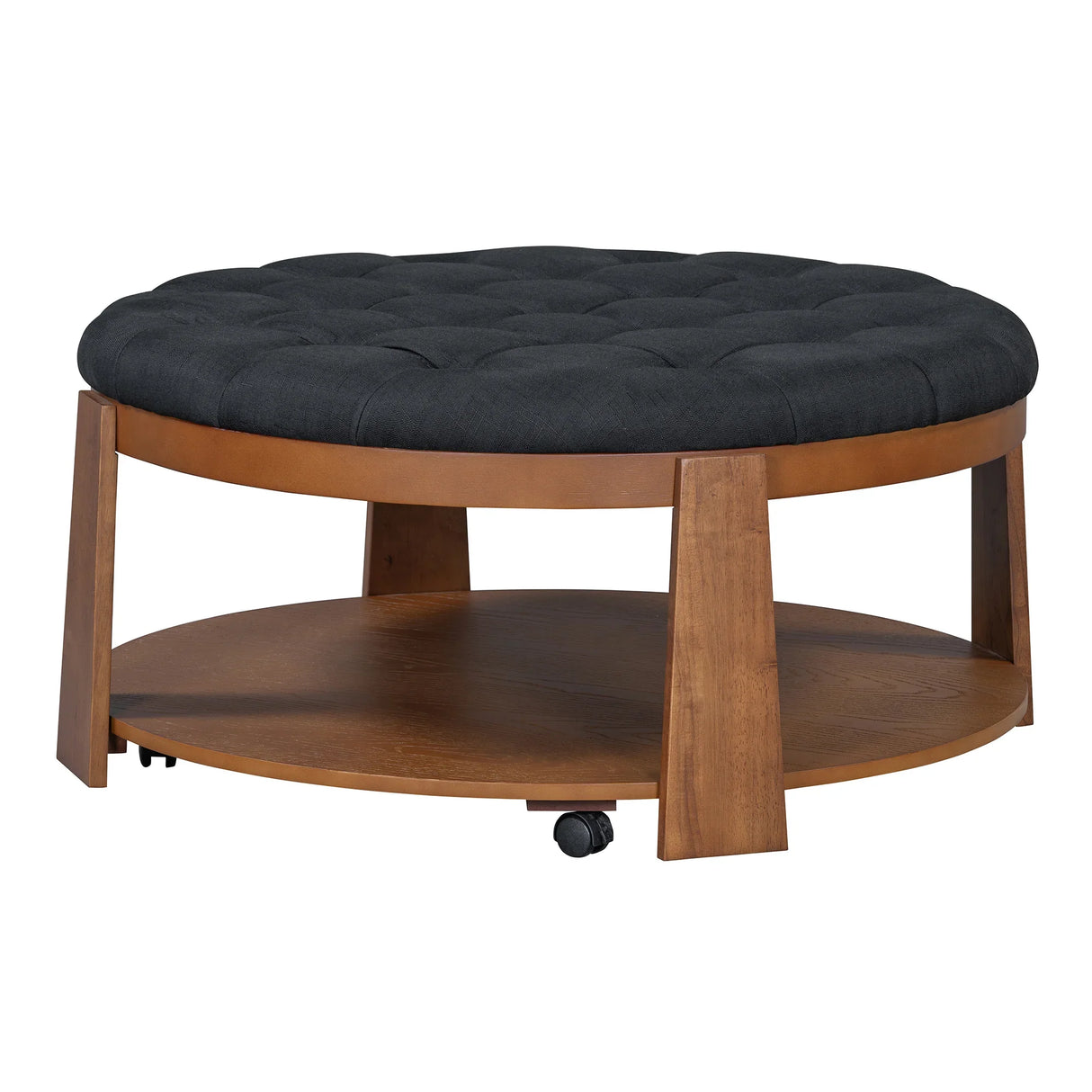Round Ottoman Coffee Table Oversized Tufted Wood Base Black - Furniture Home Direct