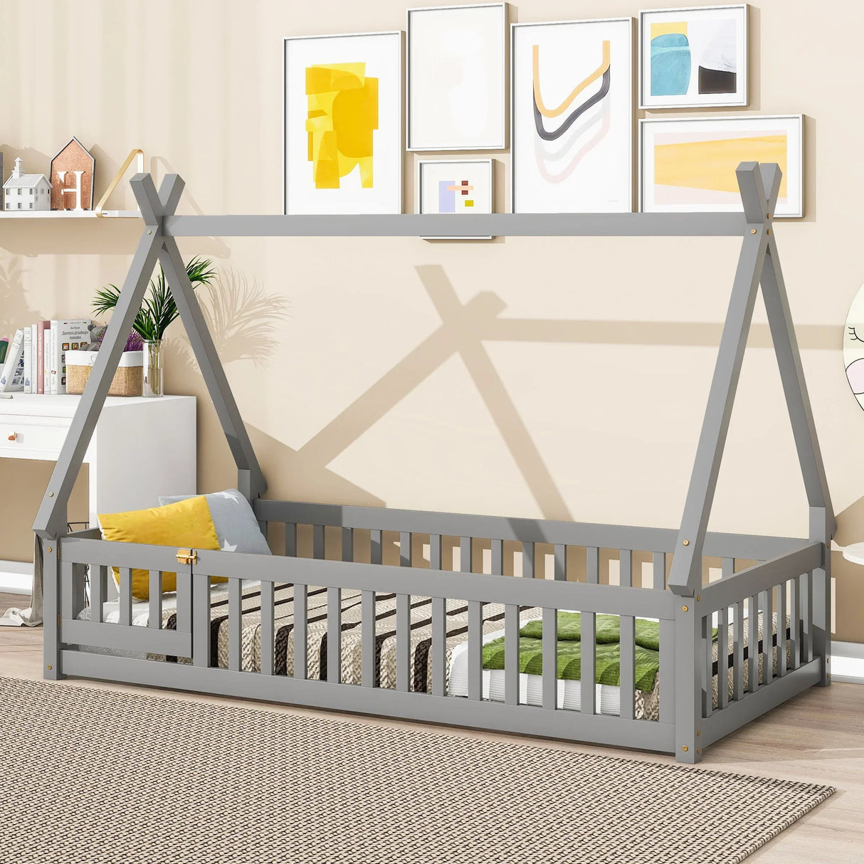 Tent-Shaped Floor Bed, With Guardrails, Slats, Door - Furniture Home Direct