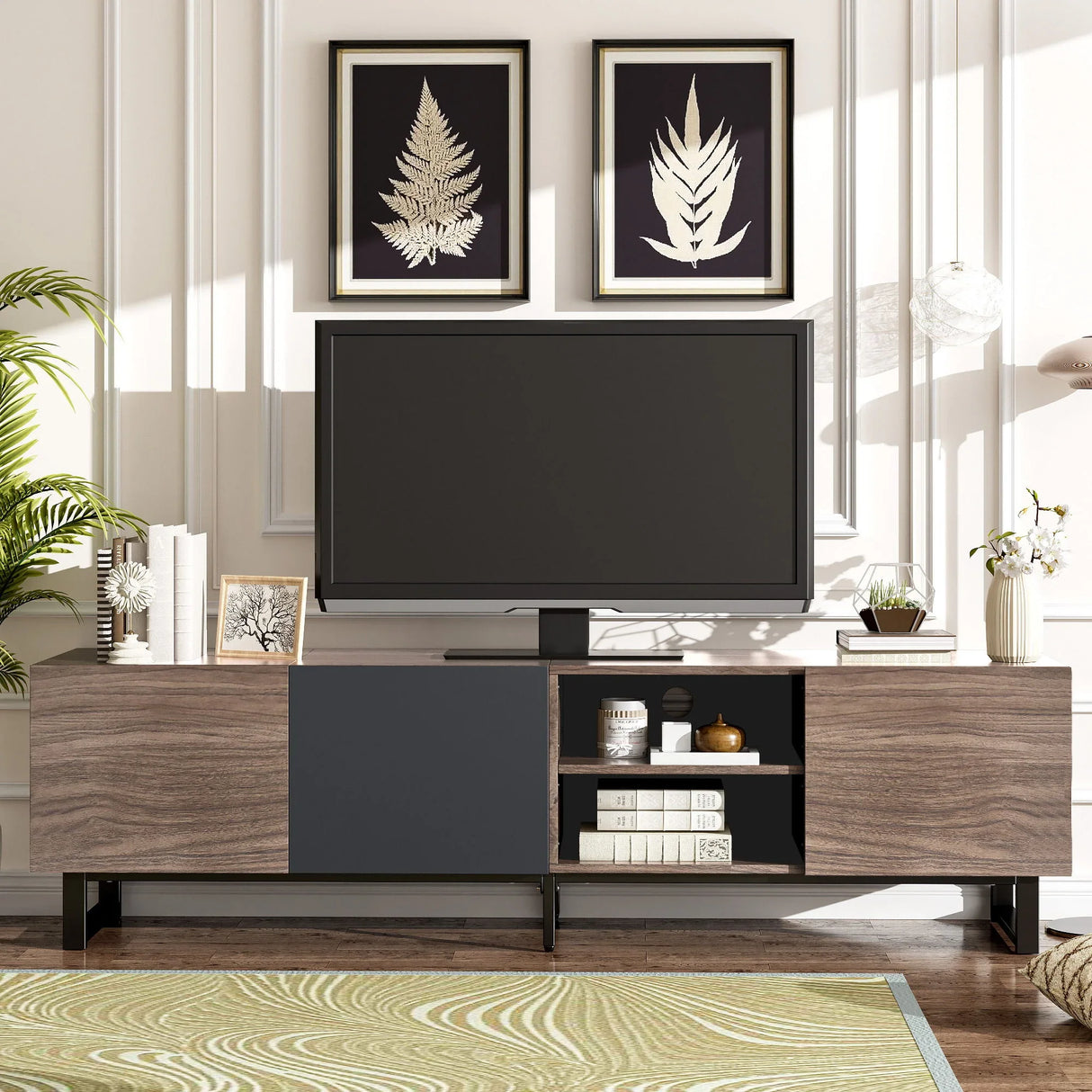 Modern TV With 3 Cabinets & Open Shelves, Color-Matching Media Console Table For Tvs Up To 80'', Entertainment Center With Drop Down Door For Living Room - Dark Brown - Furniture Home Direct