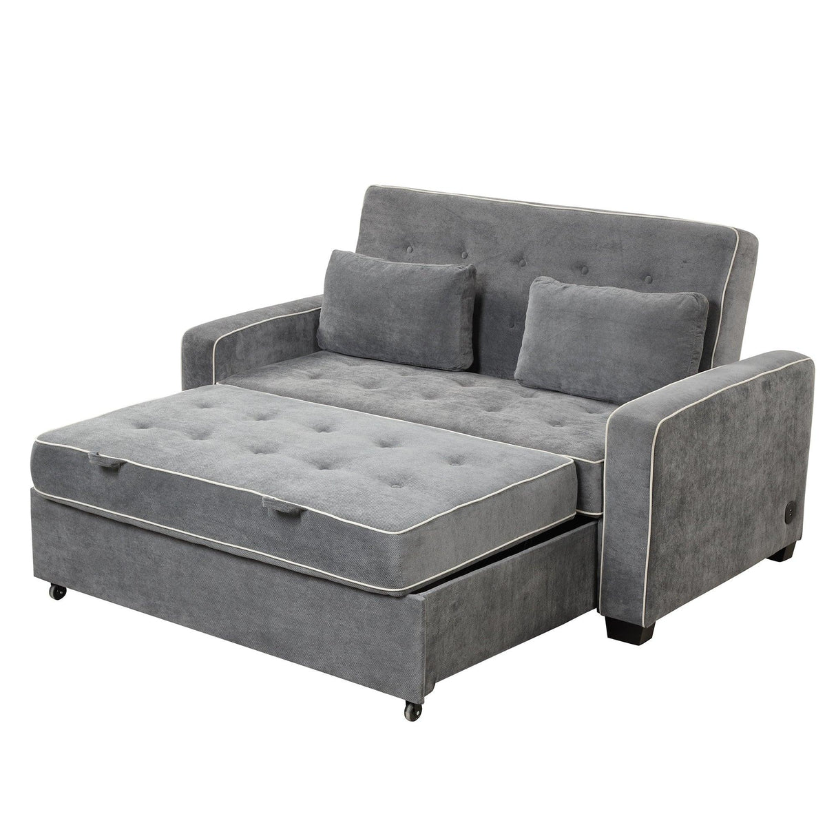 Upholstered Loveseat with Pull Out Sofa, Two Throw Pillows, Dual USB Charging Port And Adjustable Backrest - Gray - Furniture Home Direct