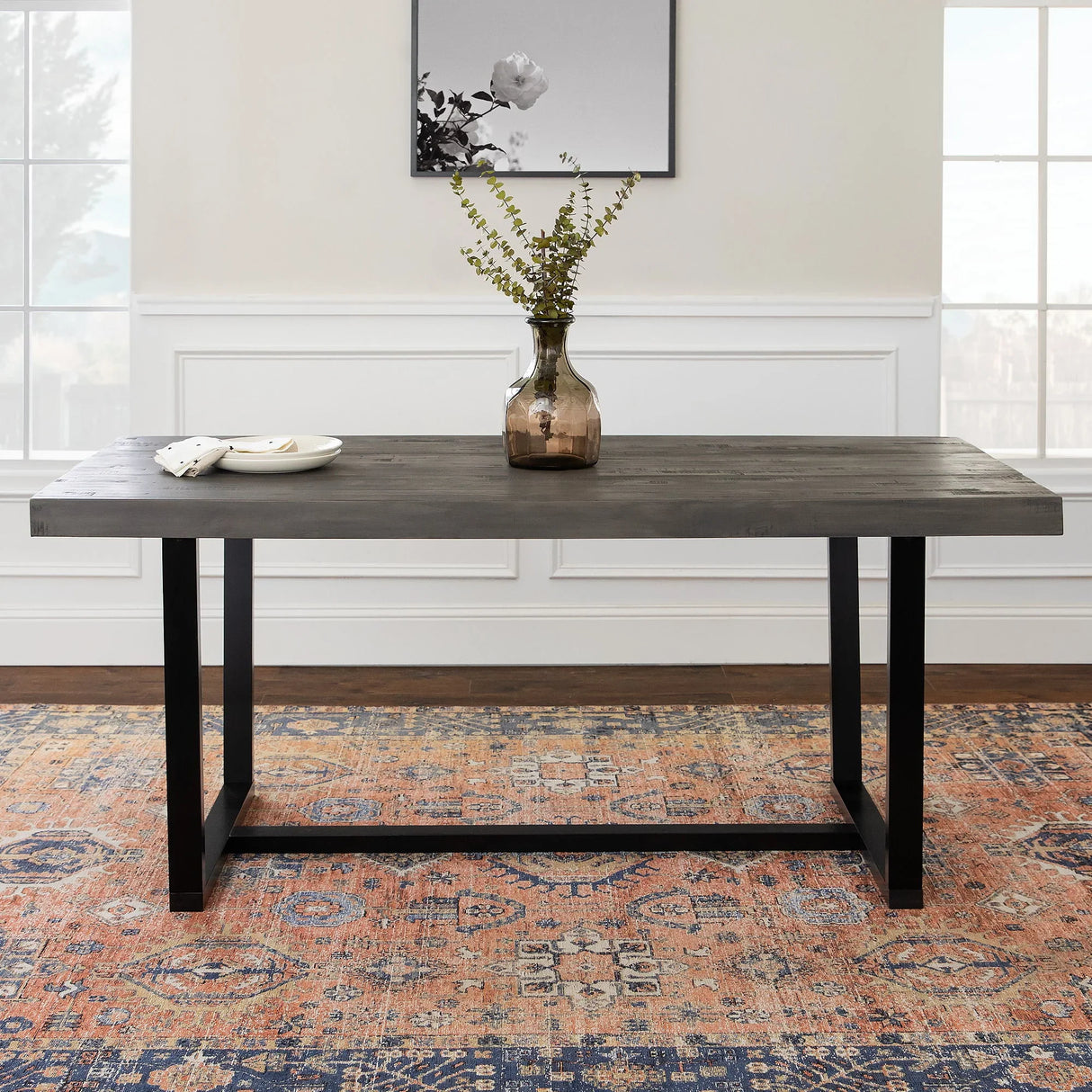 Modern Distressed Solid Wood And Metal Open Frame Dining Table - Furniture Home Direct