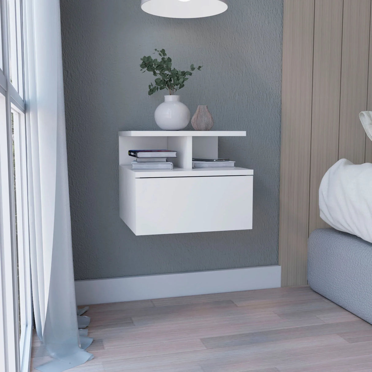 Floating Nightstand Wall Mounted With Single Drawer And 2 Tier Shelf - White - Furniture Home Direct
