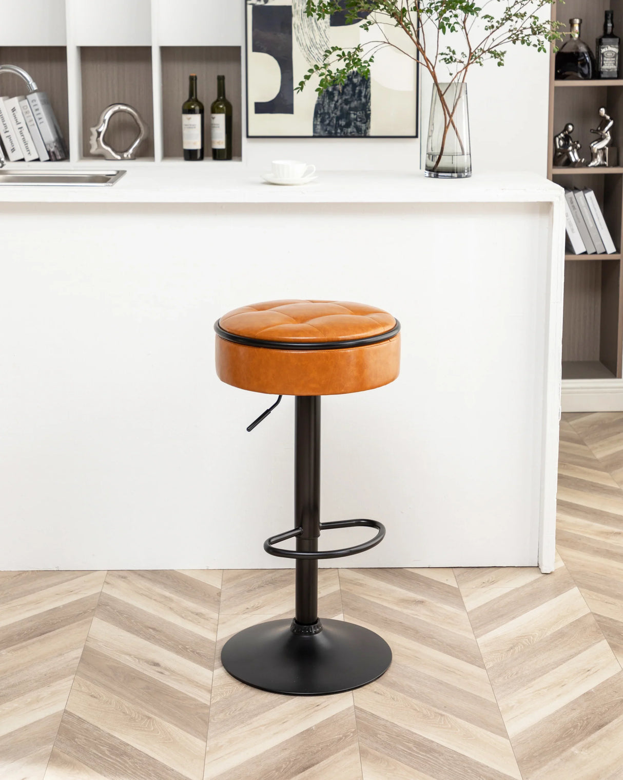 Bar Stool Round Tufted PU Leather Adjustable Height Brown - Furniture Home Direct