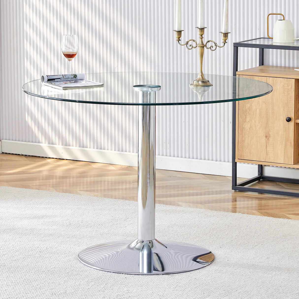 Dining Table Round Glass Top With Chrome Pedestal Silver - Furniture Home Direct