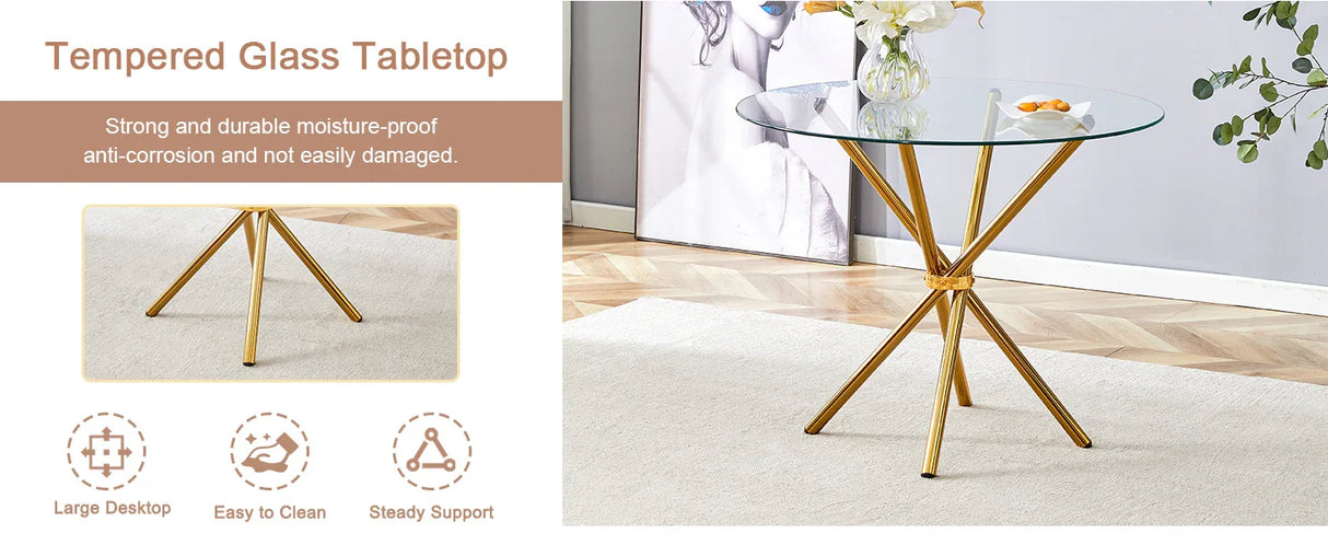 Dining Table Round Glass Top With Gleaming Golden Base Gold - Furniture Home Direct