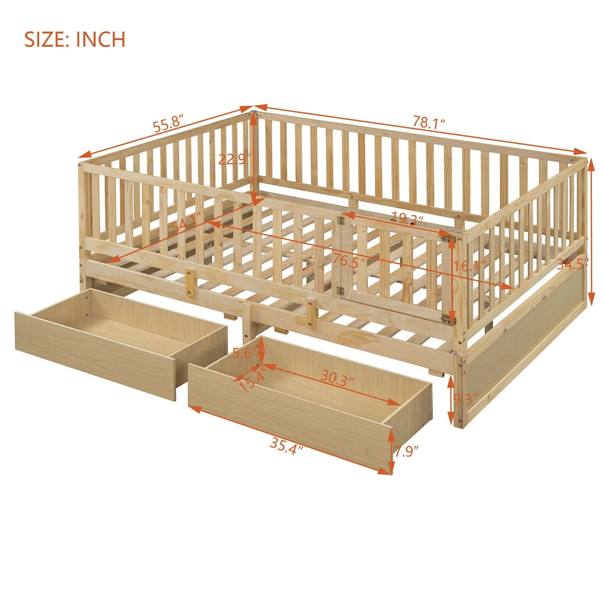 Daybed With Fence Guardrails And 2 Drawers, Split Into Independent Floor Bed & Daybed - Furniture Home Direct