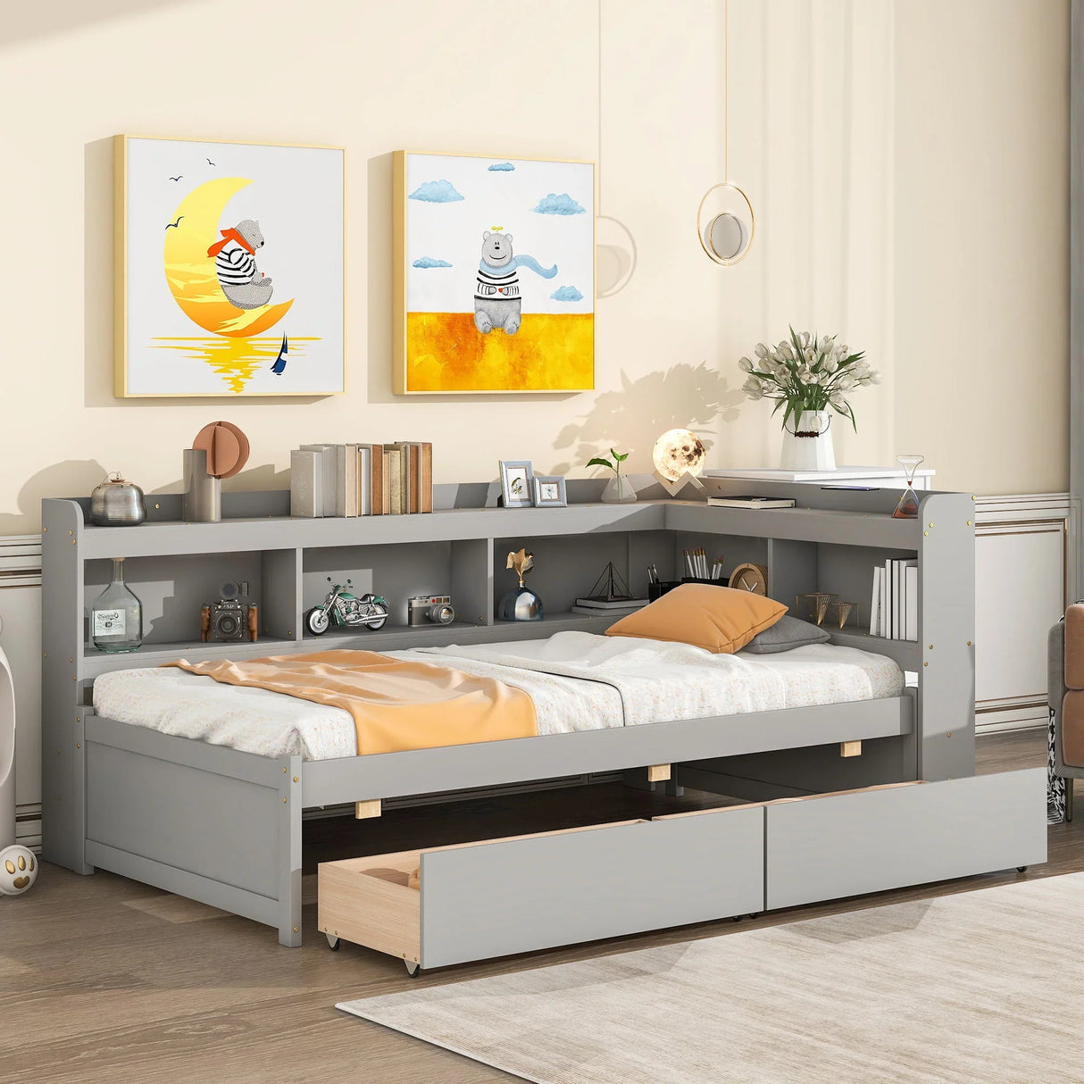 Twin Bed With L-Shaped Bookcases, Drawers - Furniture Home Direct