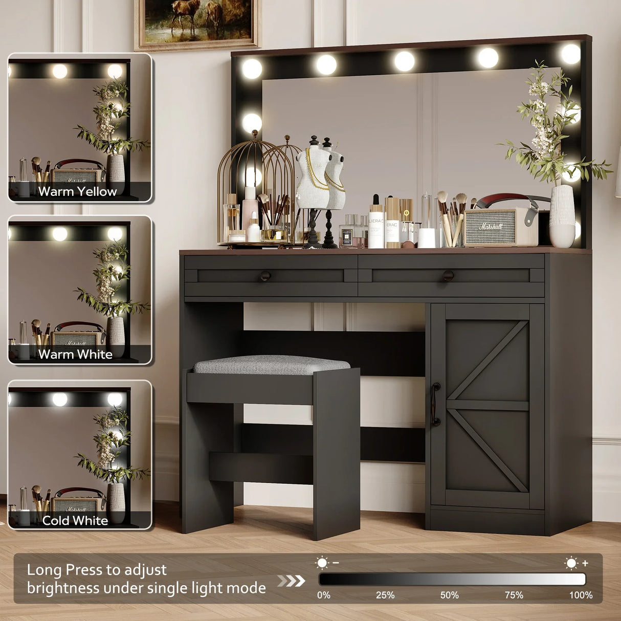 Makeup Vanity Desk With Large Mirror And Lights Black - Furniture Home Direct