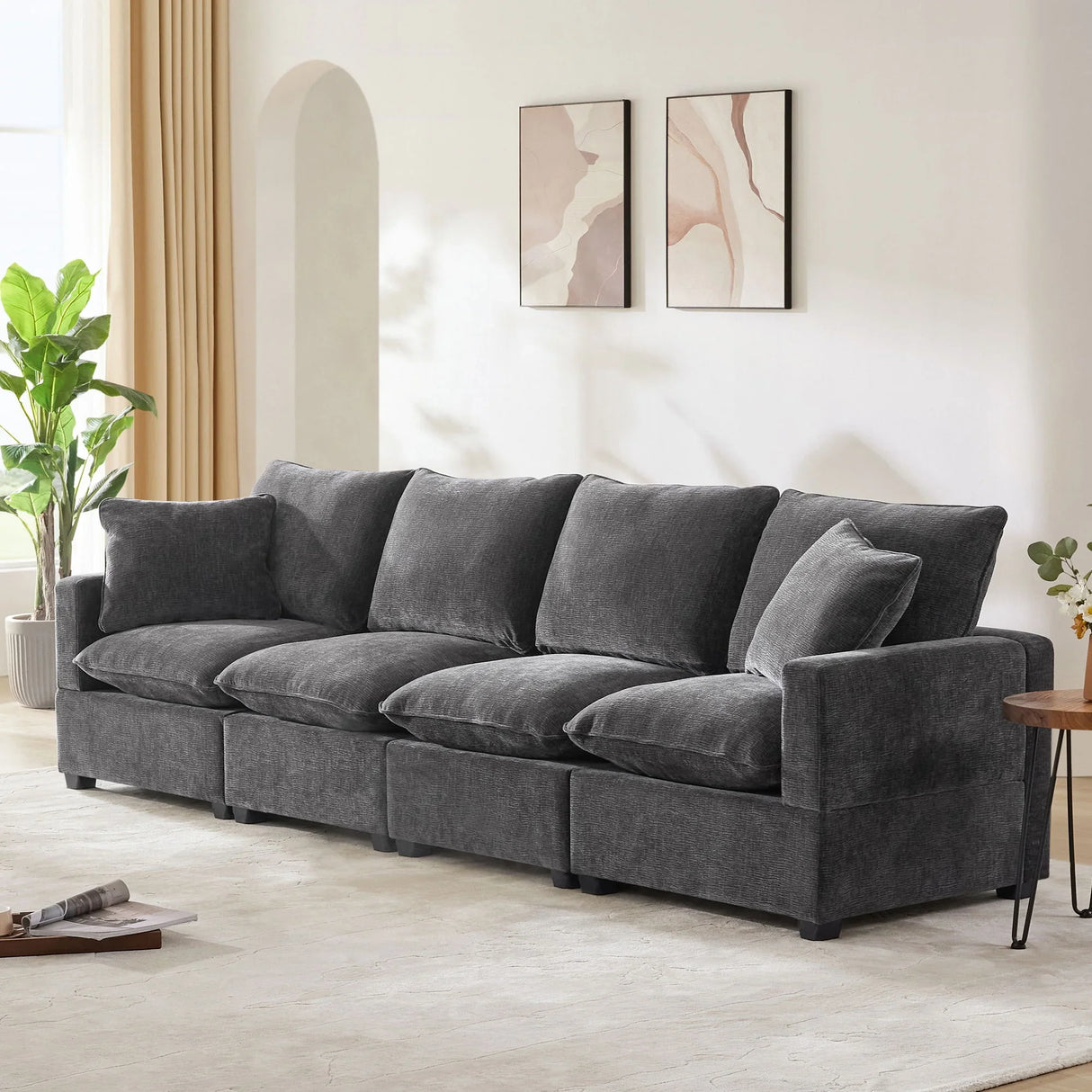 Modern Modular Sofa, 4 Seat Chenille Sectional Couch Set With 2 Pillows Included, Freely Combinable Indoor Funiture For Living Room, Apartment, Office - Furniture Home Direct