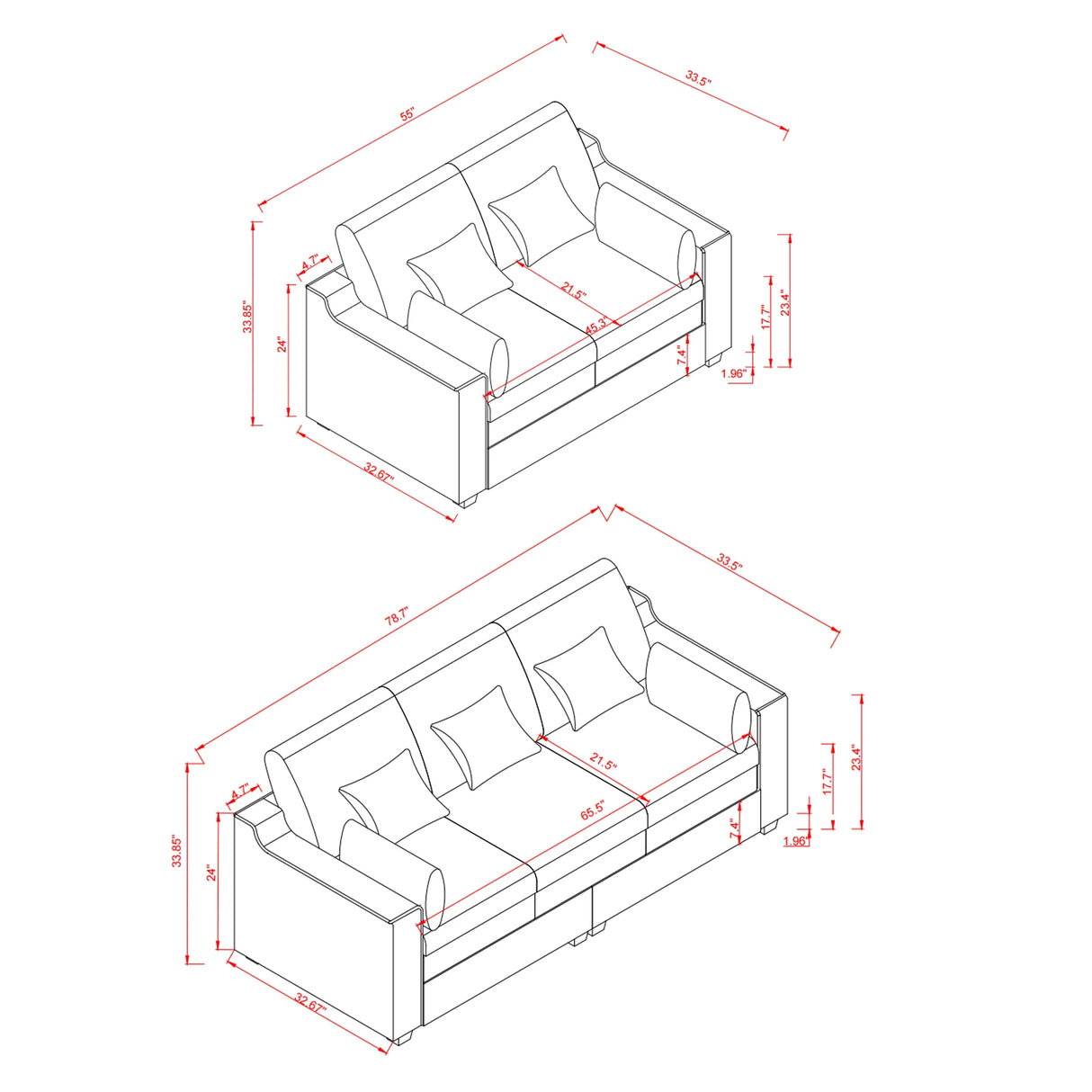 2 Piece Living Room Set Including Sofa and Love seat with Pillows - Grey - Furniture Home Direct