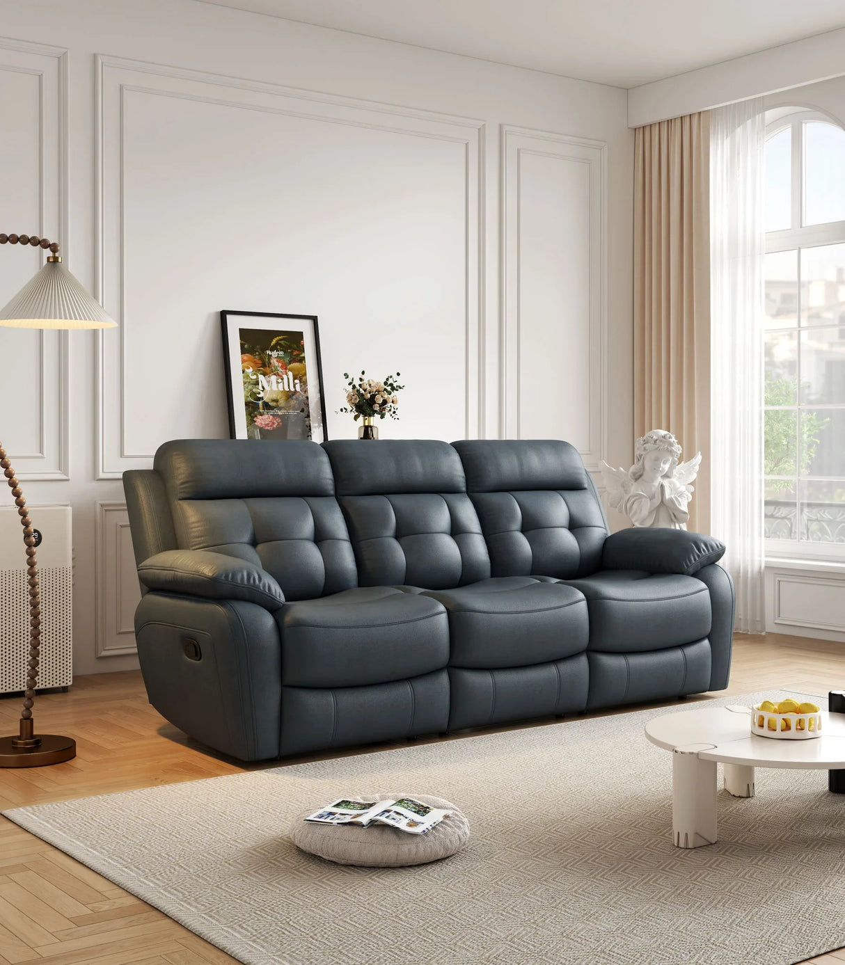 Genuine Leather Non Power Reclining Sofa With Drop Down Table, Stainless Steel Cupholders And Magazine Bag - Furniture Home Direct