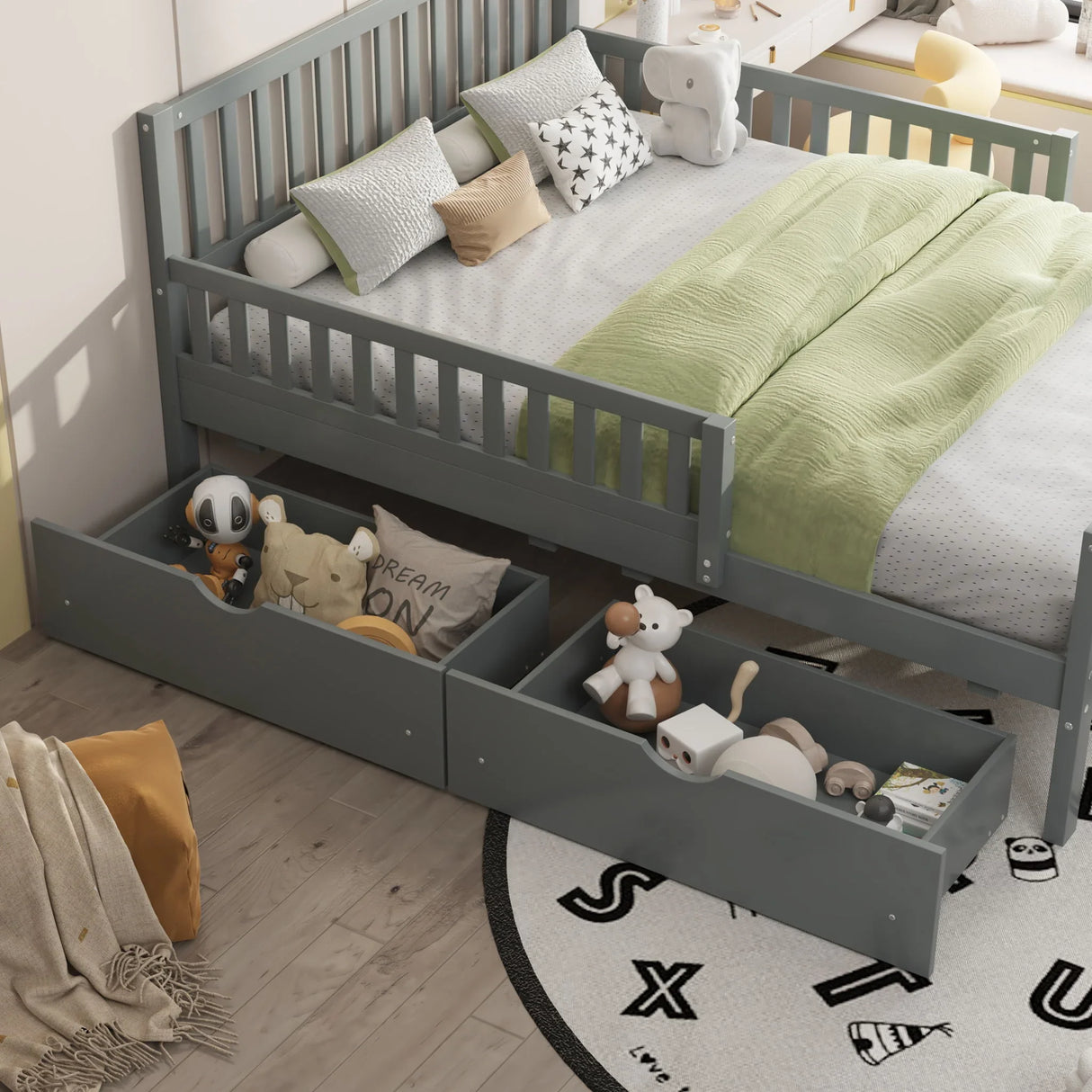 Platform Bed With Guardrails On Both Sides And 2 Storage Drawers - Furniture Home Direct