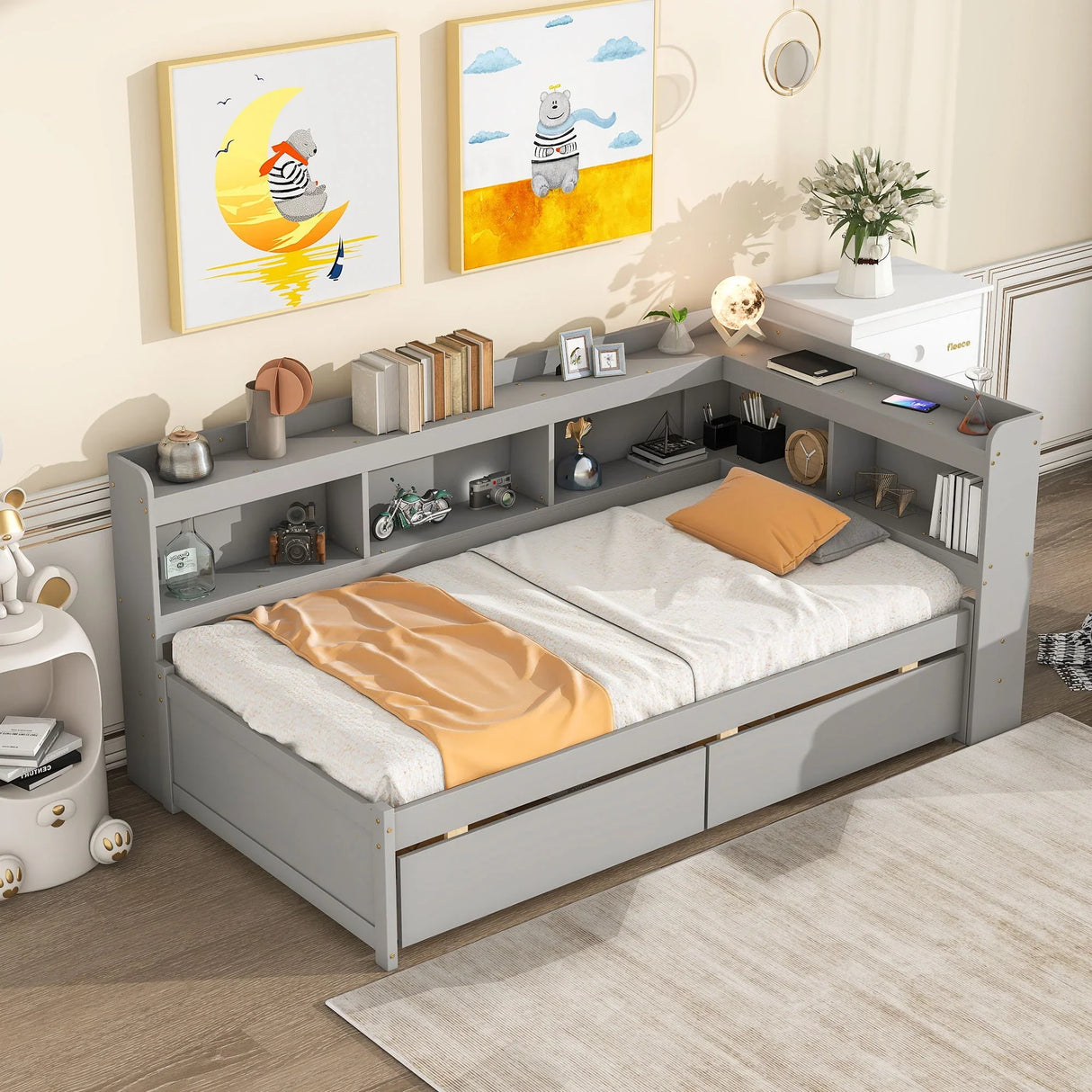 Twin Bed With L-Shaped Bookcases, Drawers - Furniture Home Direct