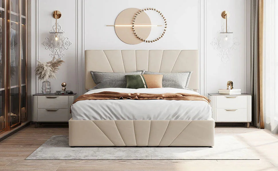 Storage Bed With Lift Platform Upholstered Queen Beige - Furniture Home Direct