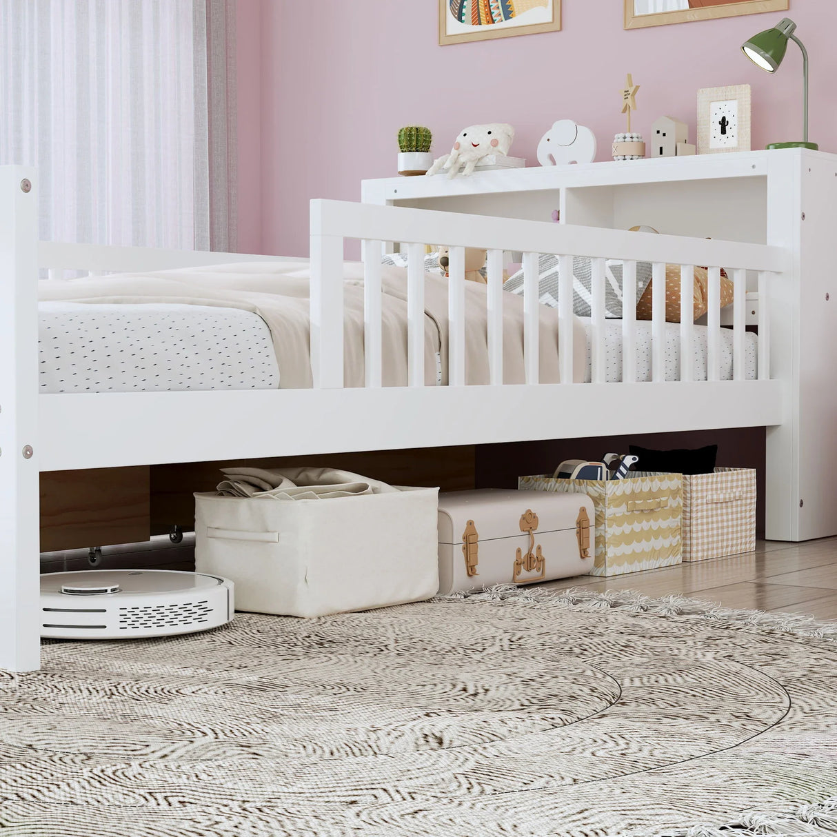 Bed With Headboard Storage Rack, 2 Under Bed Drawers, 3 Side Guardrails For Safety - Furniture Home Direct