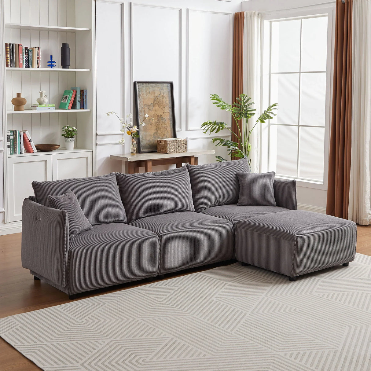 Modern Minimalist Corduroy Combination Sofa With 2 Comfort Cushions With USB & C Charging Ports - Furniture Home Direct