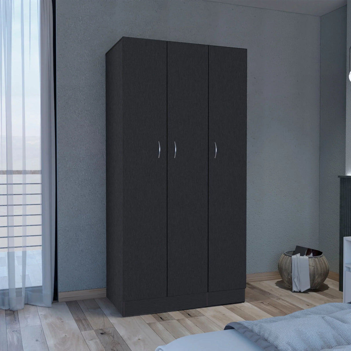 Wardrobe Armoire With 3 Doors And 2 Inner Drawers, 3 Doors - Black - Furniture Home Direct
