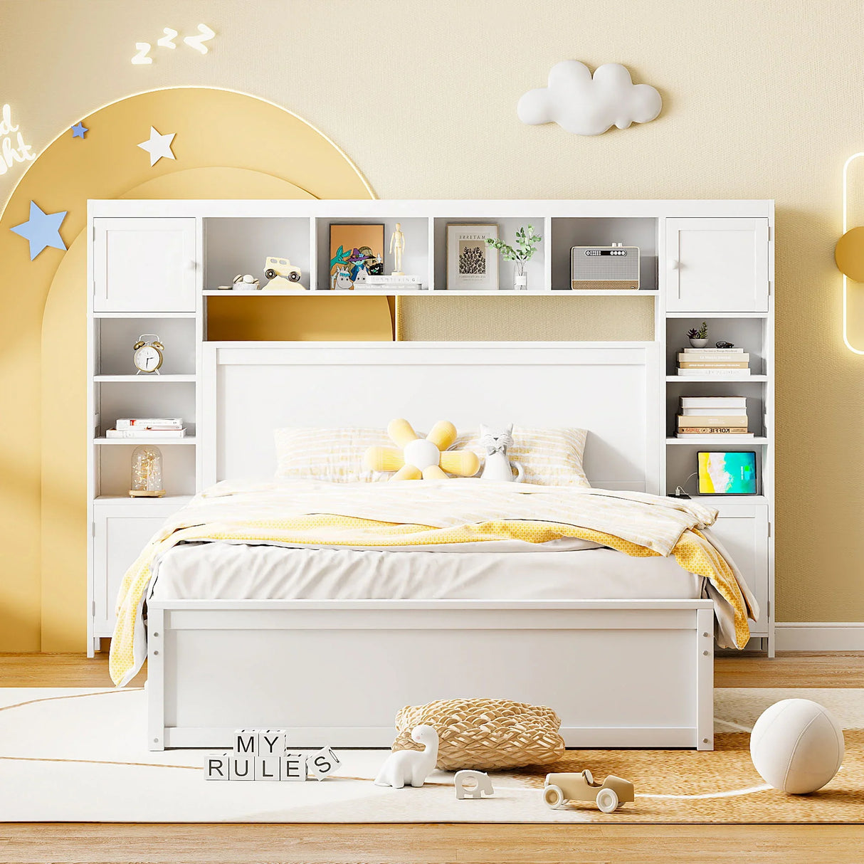 Bed With All In One Cabinet, Shelf And Sockets, Twin Long Trundle - Furniture Home Direct