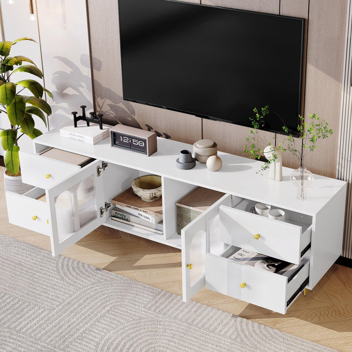 Modern TV Stand With Glass Door, 4 Drawers And 2 Cabinets - Furniture Home Direct