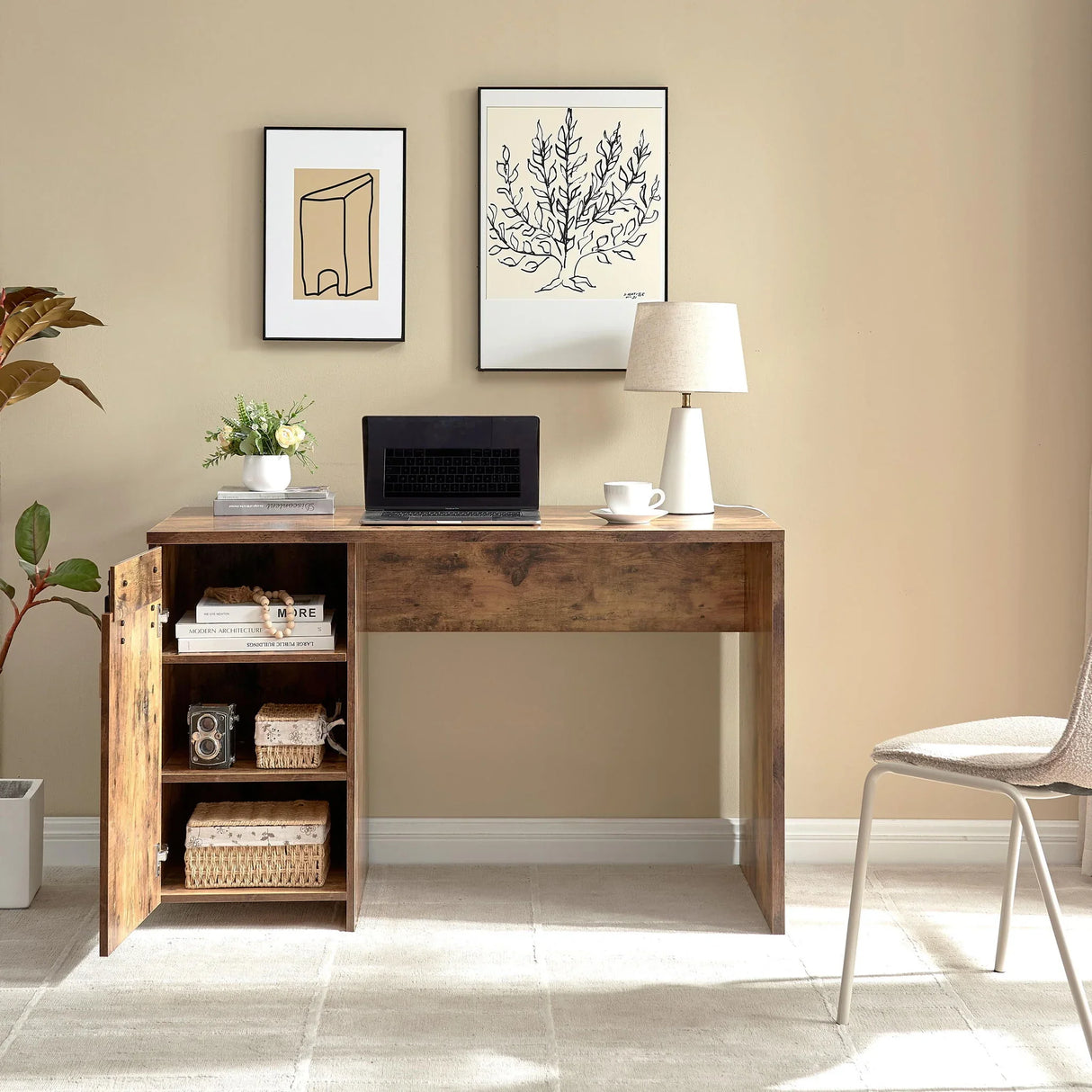 Home Office Desk One Cabinet Three Shelves Faux Barn Door On Metal Euro Hinges Modesty Panel - Distressed Wood - Furniture Home Direct