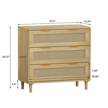 3 Drawers Rattan Storage Cabinet Rattan Drawer, For Bedroom, Living Room, Dining Room, Hallways (Set of 2) - Oak - Furniture Home Direct