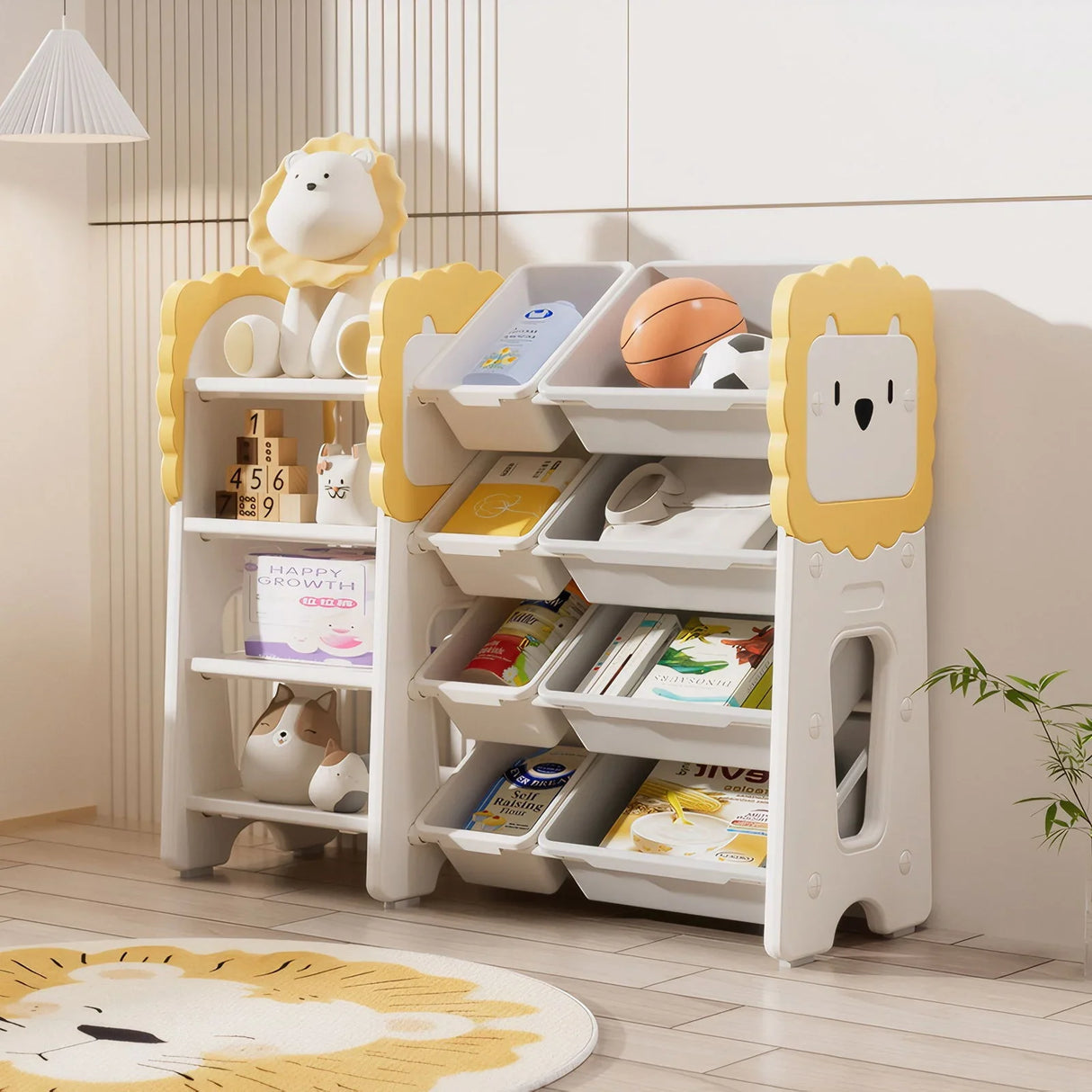 Kids Bookshelf And Toy Storage, 4 Tier Toy Organizers With 8 Removable Storage Bins, Kids Toy Storage Organizer For Study Room - Gray / White / Yellow - Furniture Home Direct
