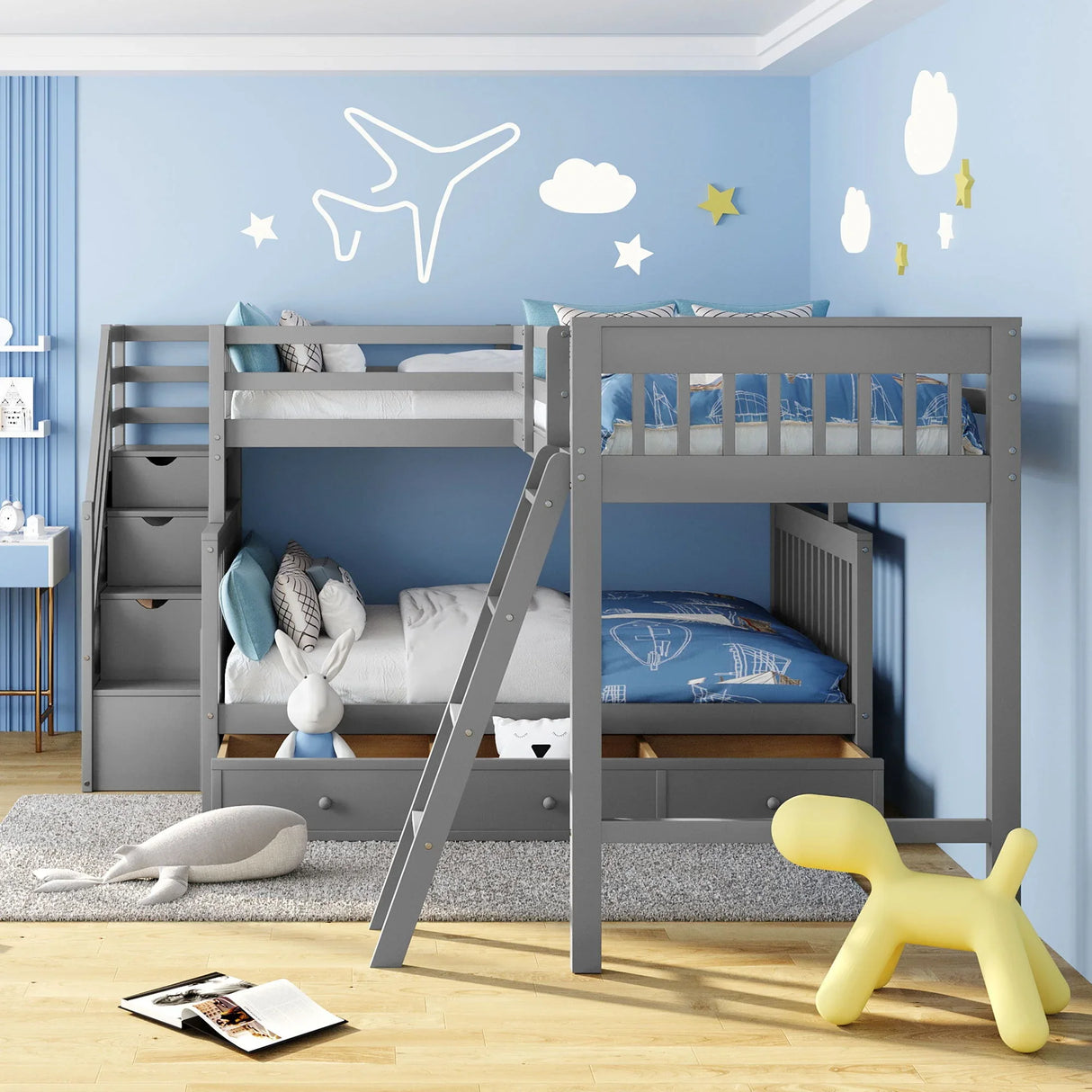 Solid L Shaped Bunk Bed With 3 Drawers, Ladder And Staircase - Furniture Home Direct