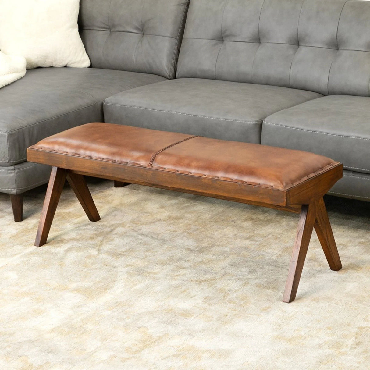 Chad - Mid-Century Modern Leather Bench - Brown / Tan - Furniture Home Direct