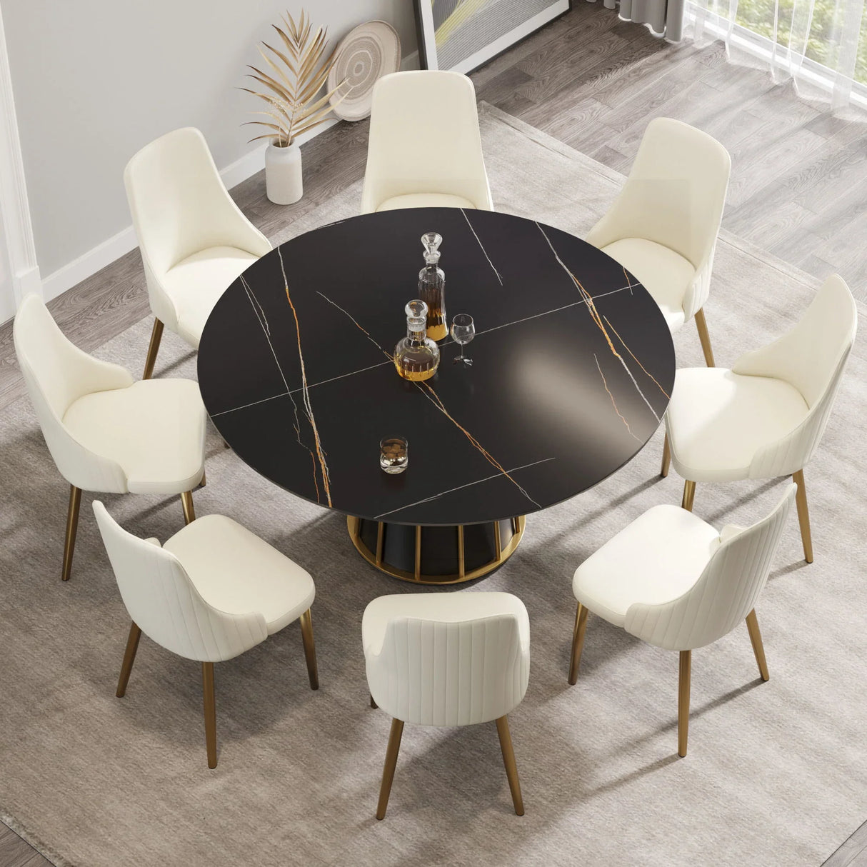 Modern Artificial Stone Round Metal Iron Base Dining Table, Can Accommodate 8 People, (Not Including Chairs) - Black - Furniture Home Direct