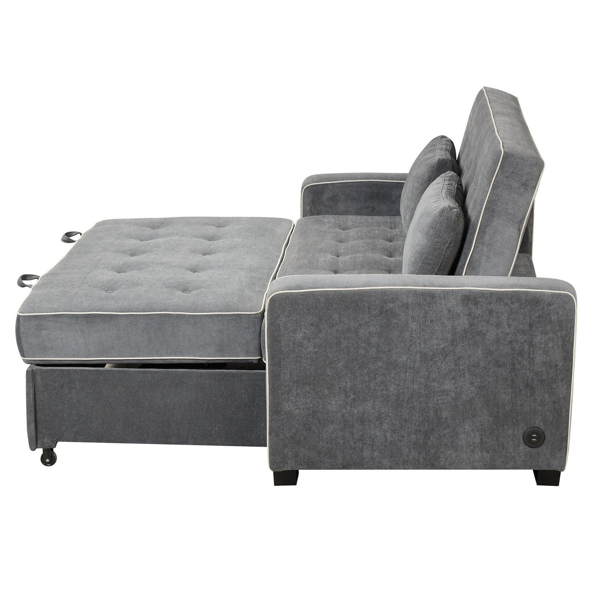 Upholstered Loveseat with Pull Out Sofa, Two Throw Pillows, Dual USB Charging Port And Adjustable Backrest - Gray - Furniture Home Direct