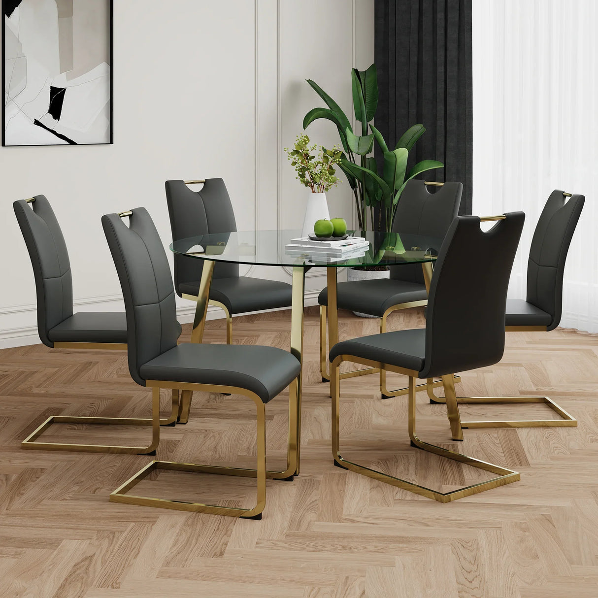 Dining Set Glass Table With Gold Frame Chairs Charcoal - Furniture Home Direct