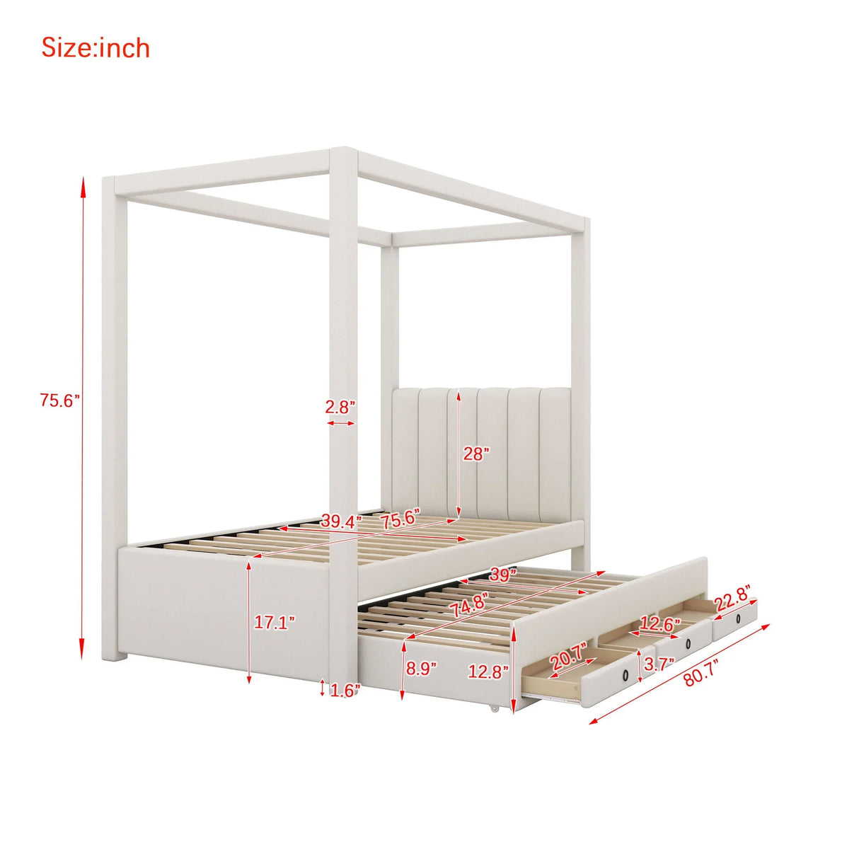 Upholstery Canopy Platform Bed With Trundle And Three Storage Drawers - Furniture Home Direct