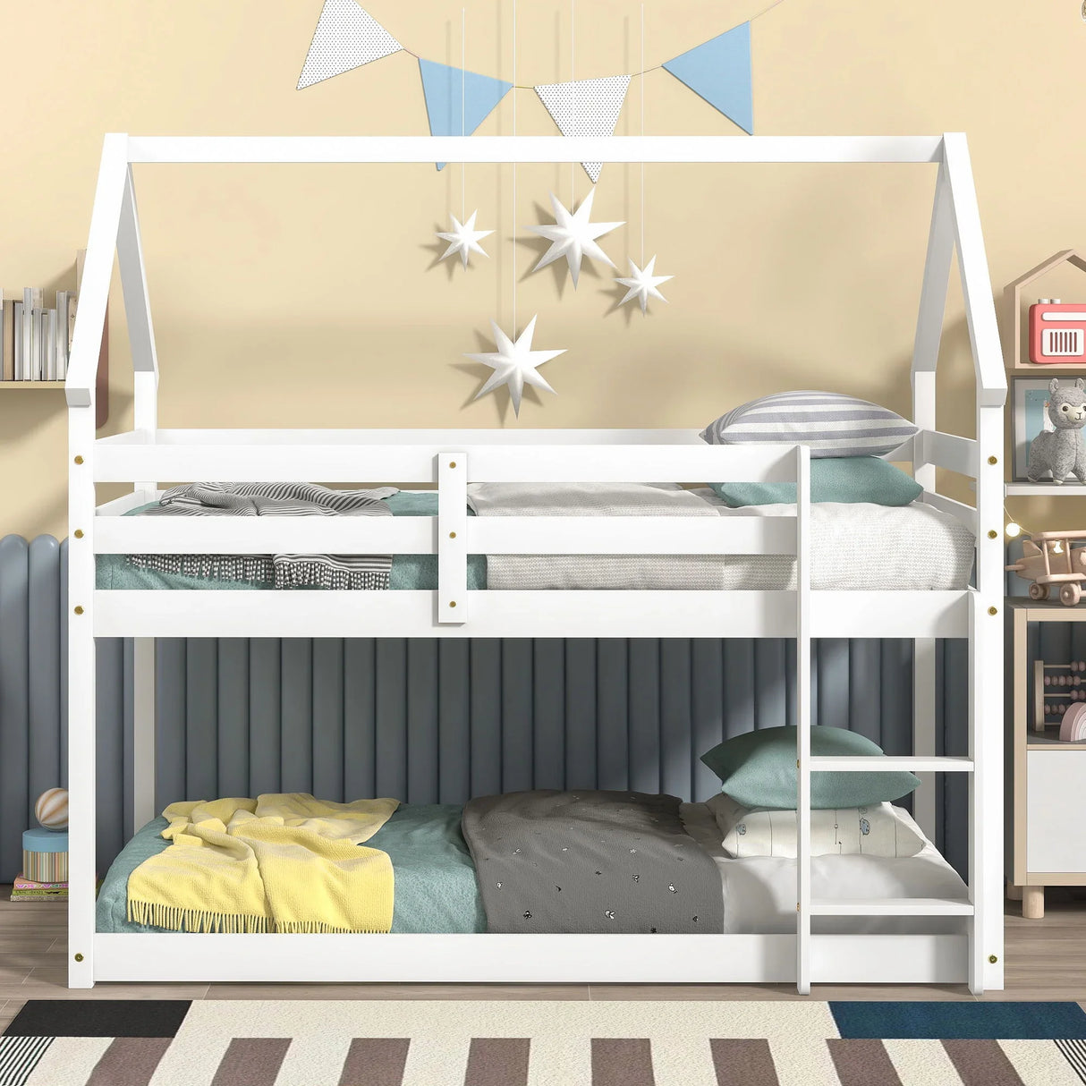 Twin Over Twin Loft Bed With Roof Design, Safety Guardrail, Ladder - Furniture Home Direct