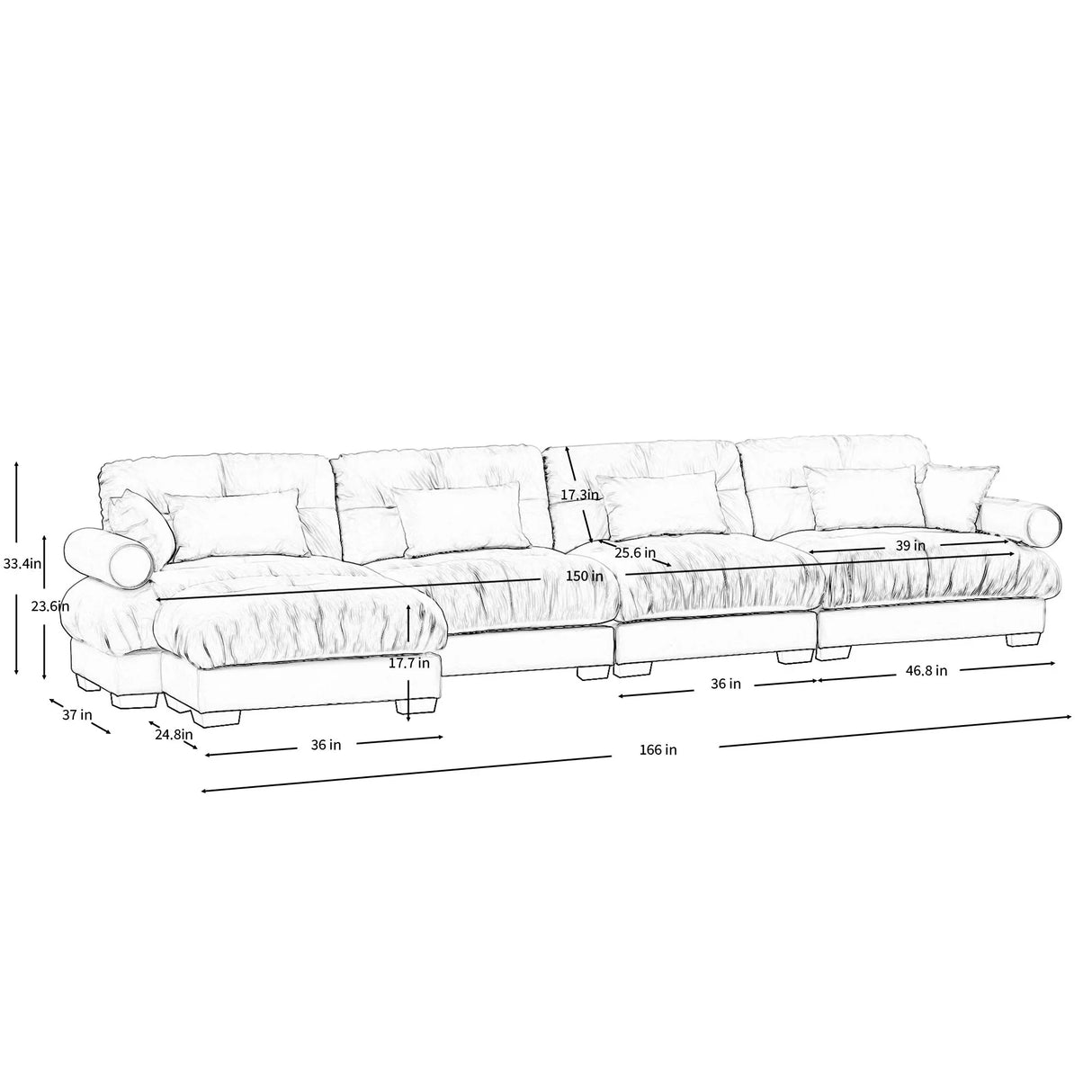 Modern Sectional Sofa With Ottoman, Round Bolster Armrests, Waist And Throw Pillows - Furniture Home Direct