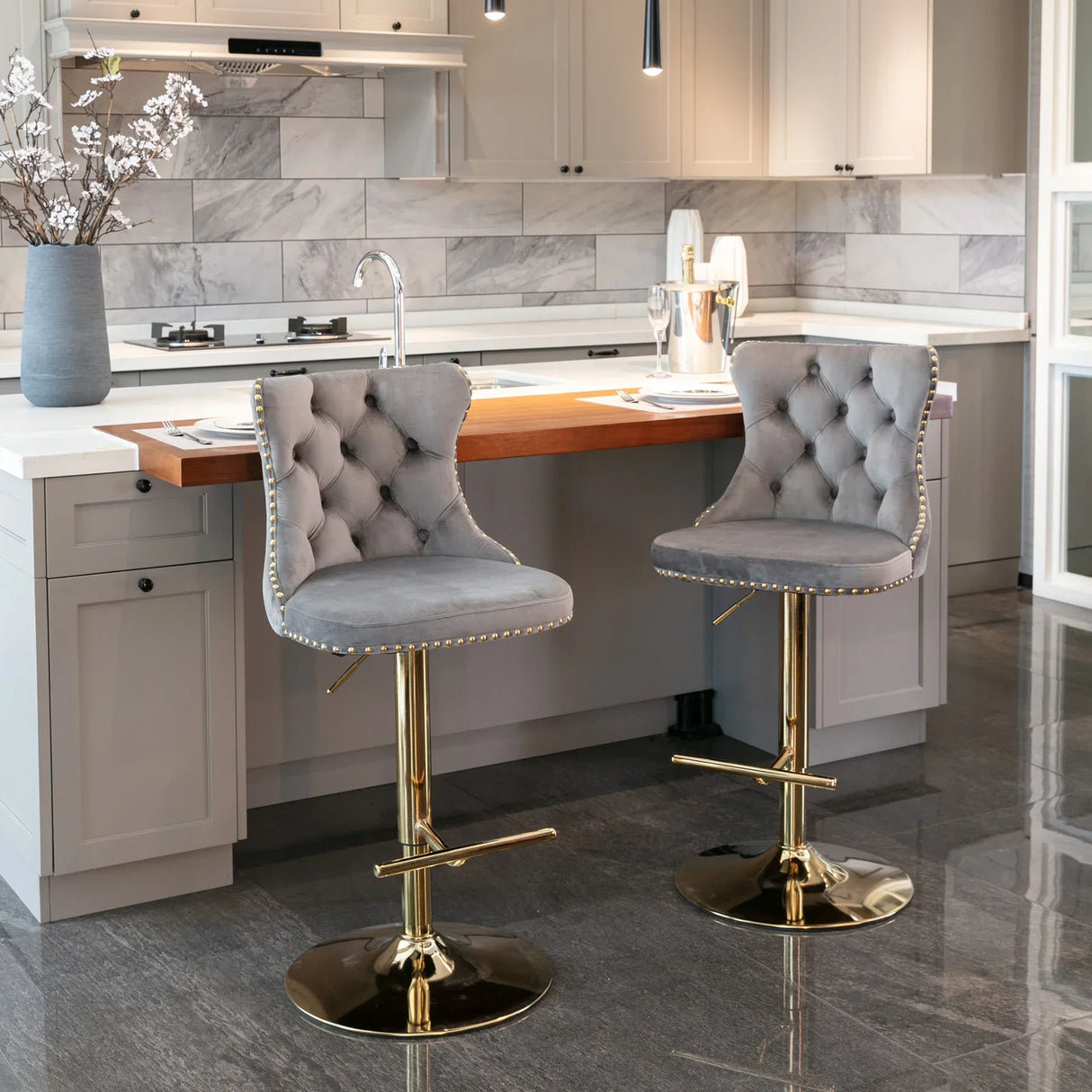 Bar Stools Velvet Upholstered Swivel Backed Set Of 2 Gray - Furniture Home Direct