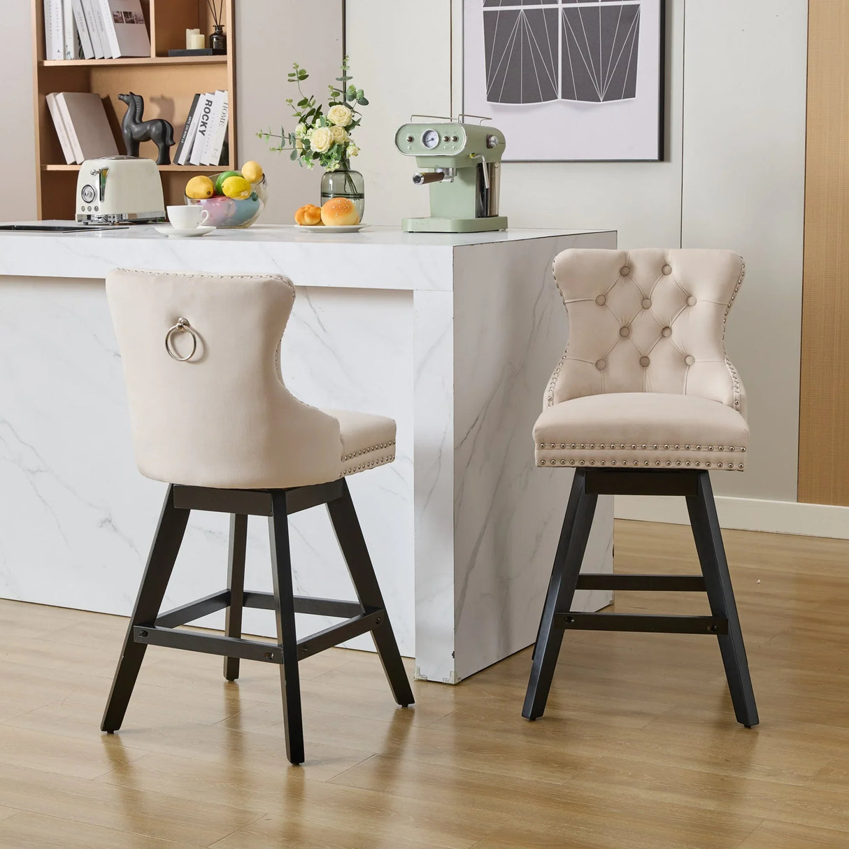 Bar Stools Counter Height Velvet Upholstered Set of 2 Beige - Furniture Home Direct